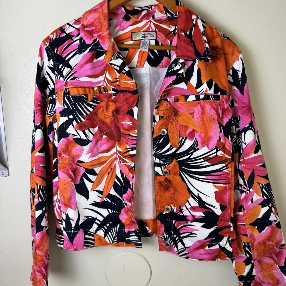 Caribbean Joe Hawaiian Let Go Button Trucker Style Jacket Women's Lg Pink Floral